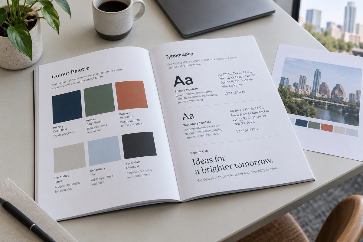 A printed brand guidelines booklet open at the color and typography pages