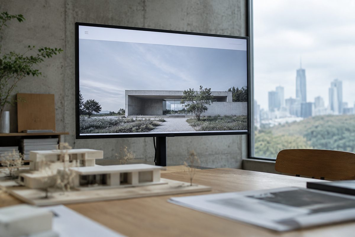 The architecture firm's new website on a large display behind building models