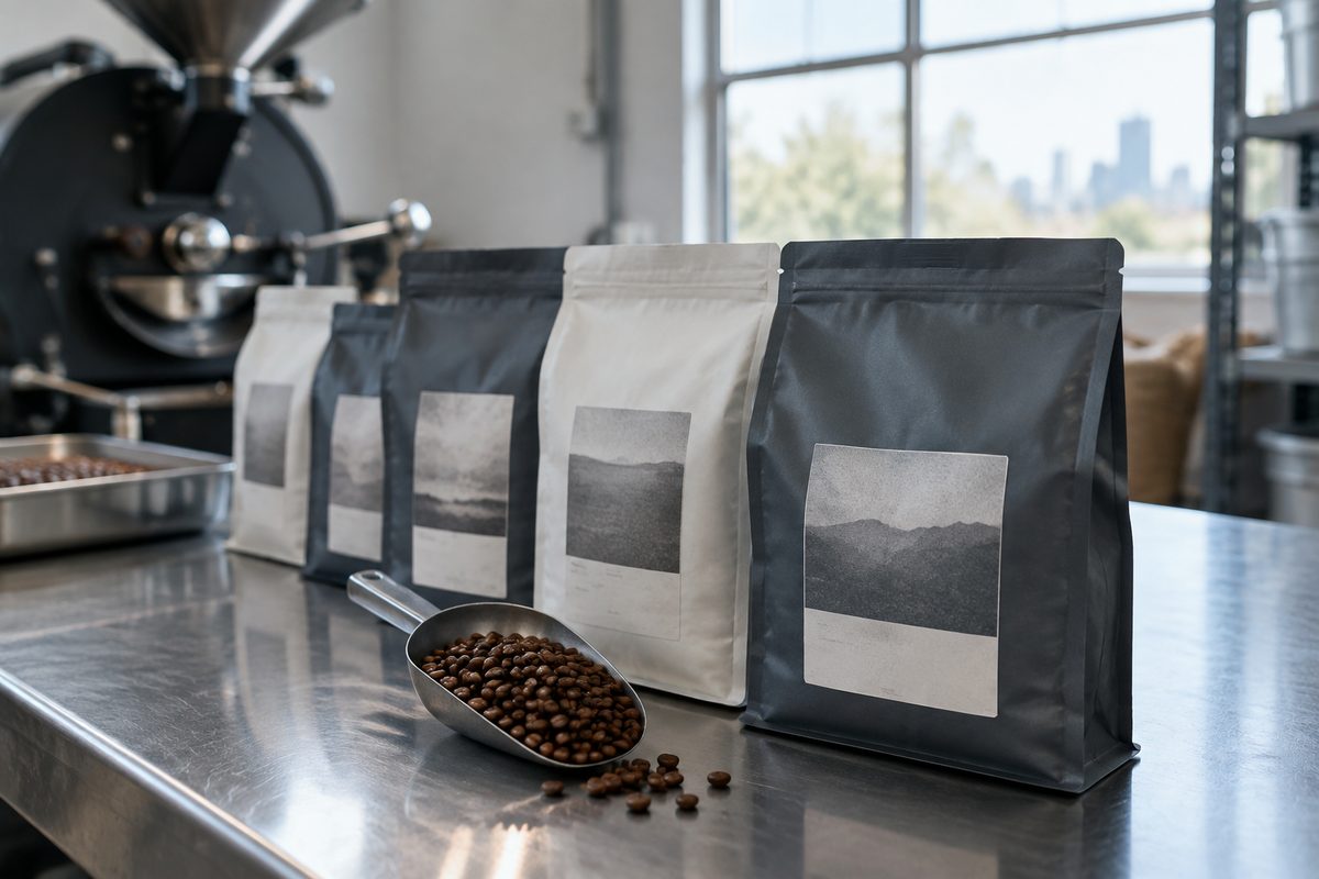 Coffee bags with the new labels from the roaster case on a steel counter