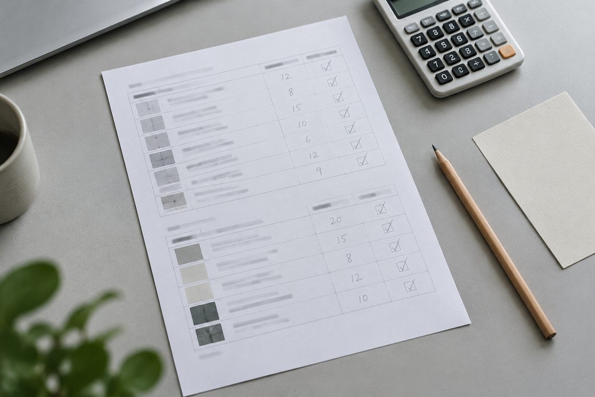 A printed quote worksheet with pencilled page counts beside a calculator and a paper stock sample