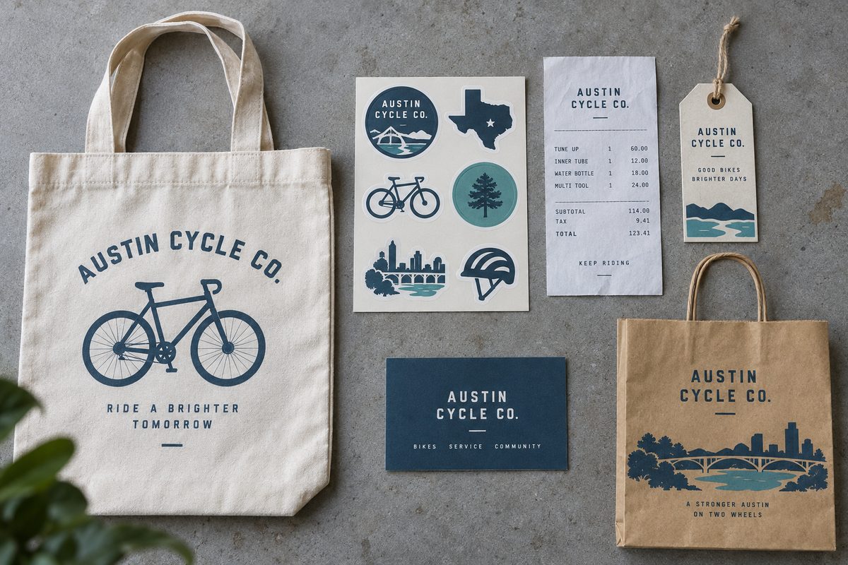 A bike shop identity system applied to a tote bag, stickers, tags, a card and a paper bag