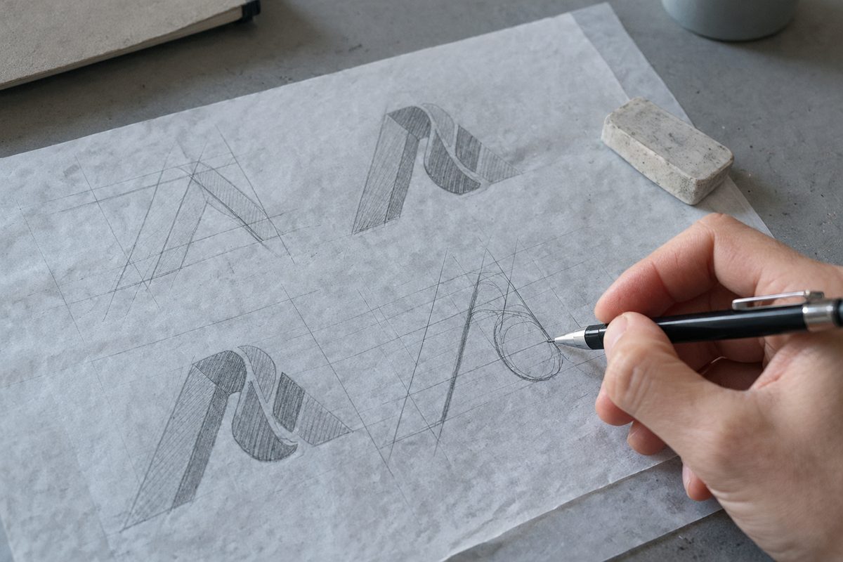 Pencil sketches of wordmark letterforms on tracing paper