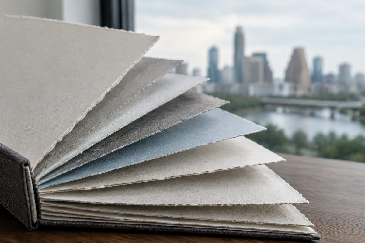 A paper sample book fanned open to cool grey and off-white stocks