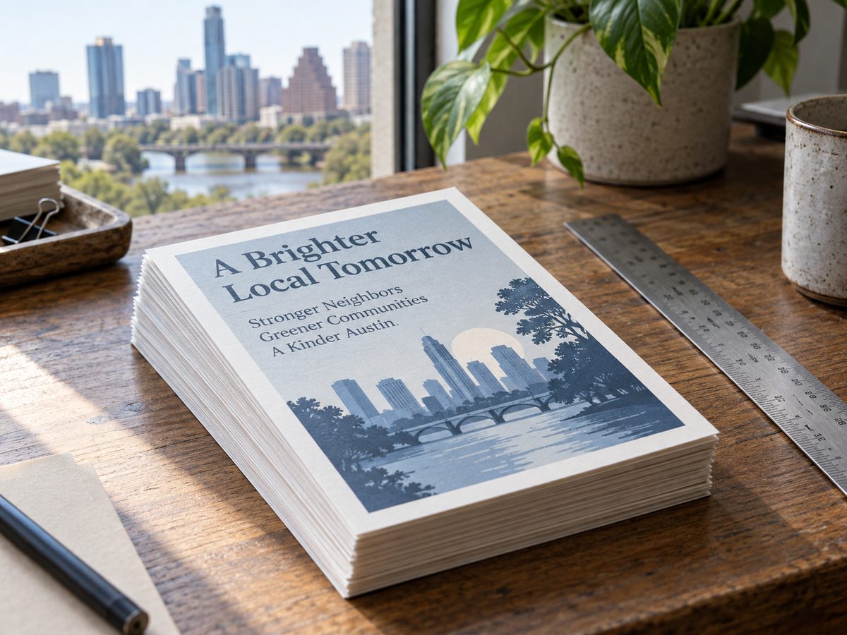 A stack of freshly printed flyers on uncoated paper beside a steel ruler