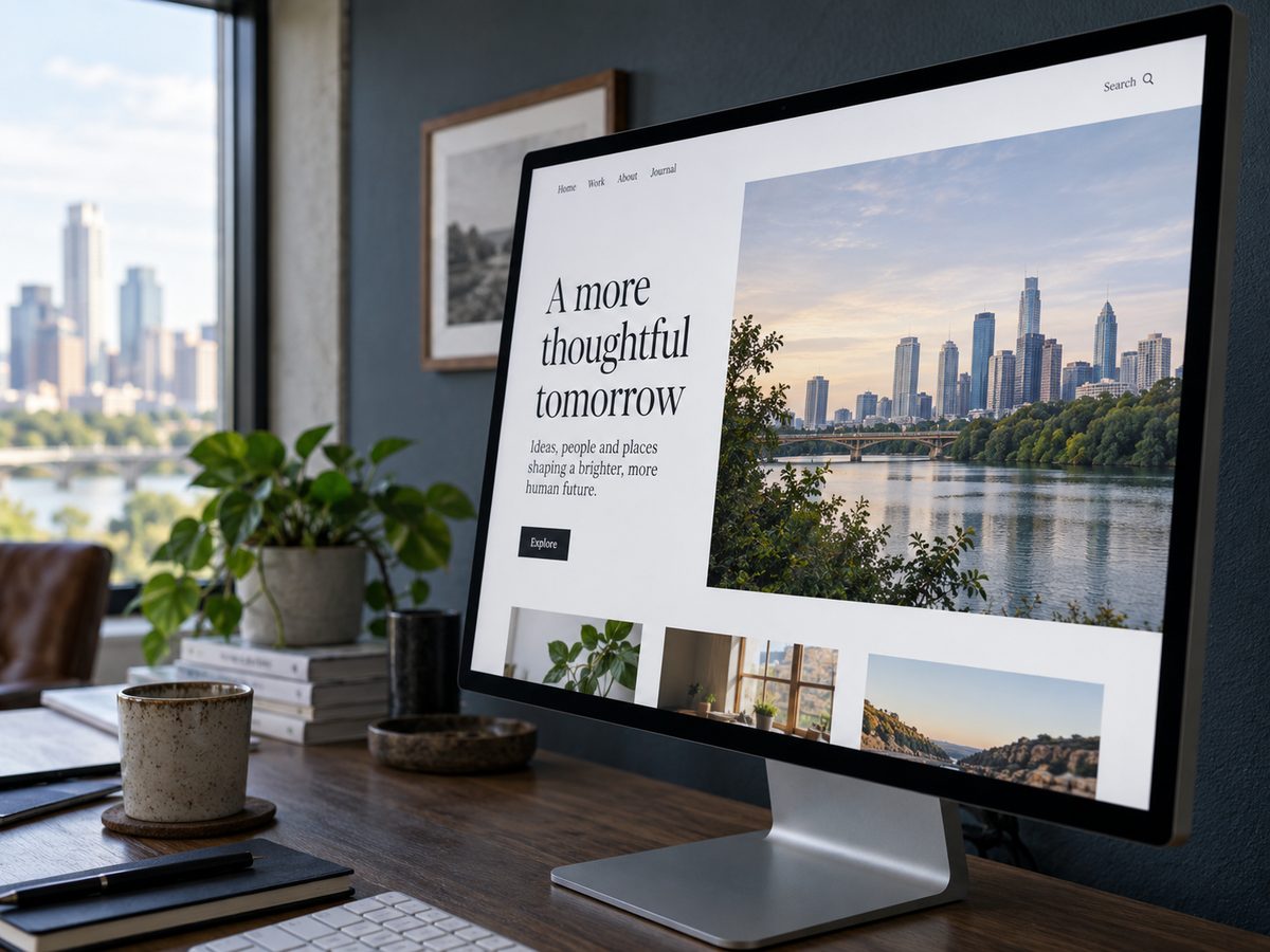 A finished marketing website displayed on a studio monitor at an angle