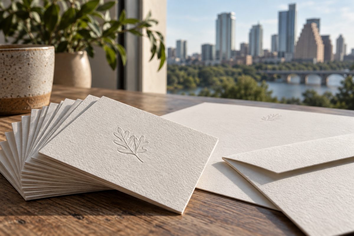 Letterpress business cards fanned beside a matching letterhead and envelope