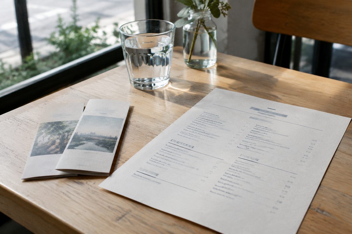 A printed restaurant menu and folded leaflets on a café table