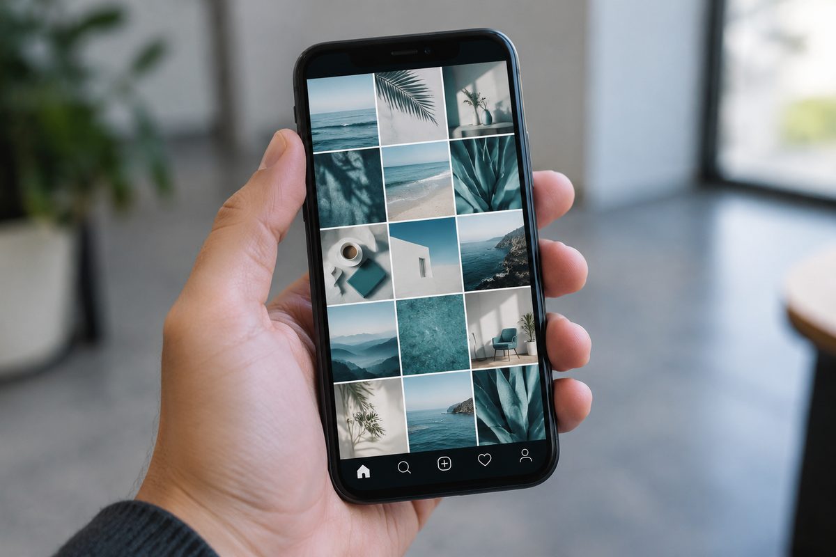 A phone showing a grid of social posts built from one set of templates
