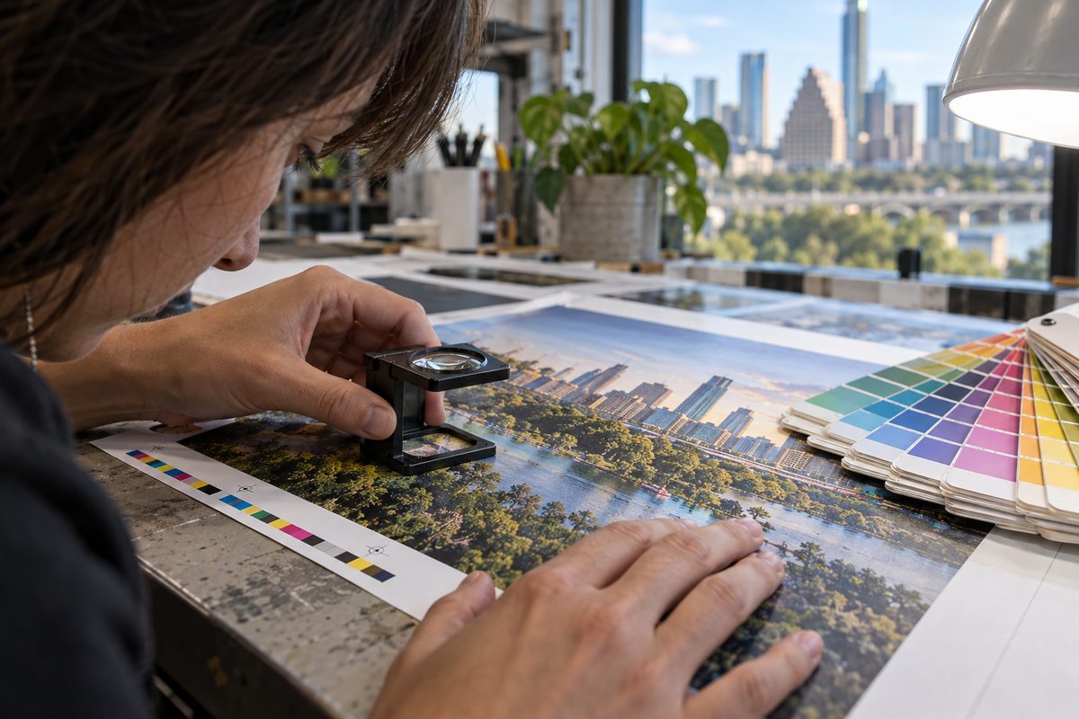 Checking a printed proof with a loupe under a daylight lamp