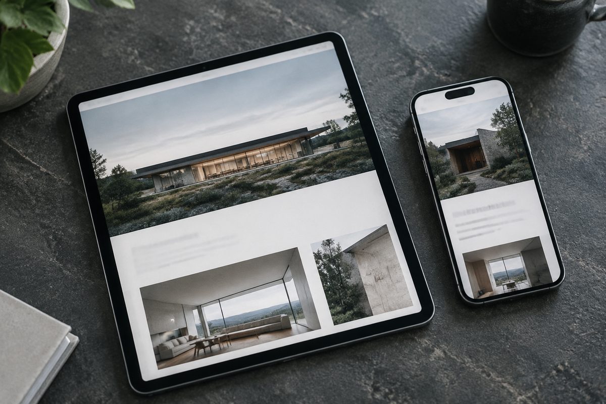 Pages of a multi-page architecture firm website on a tablet and a phone
