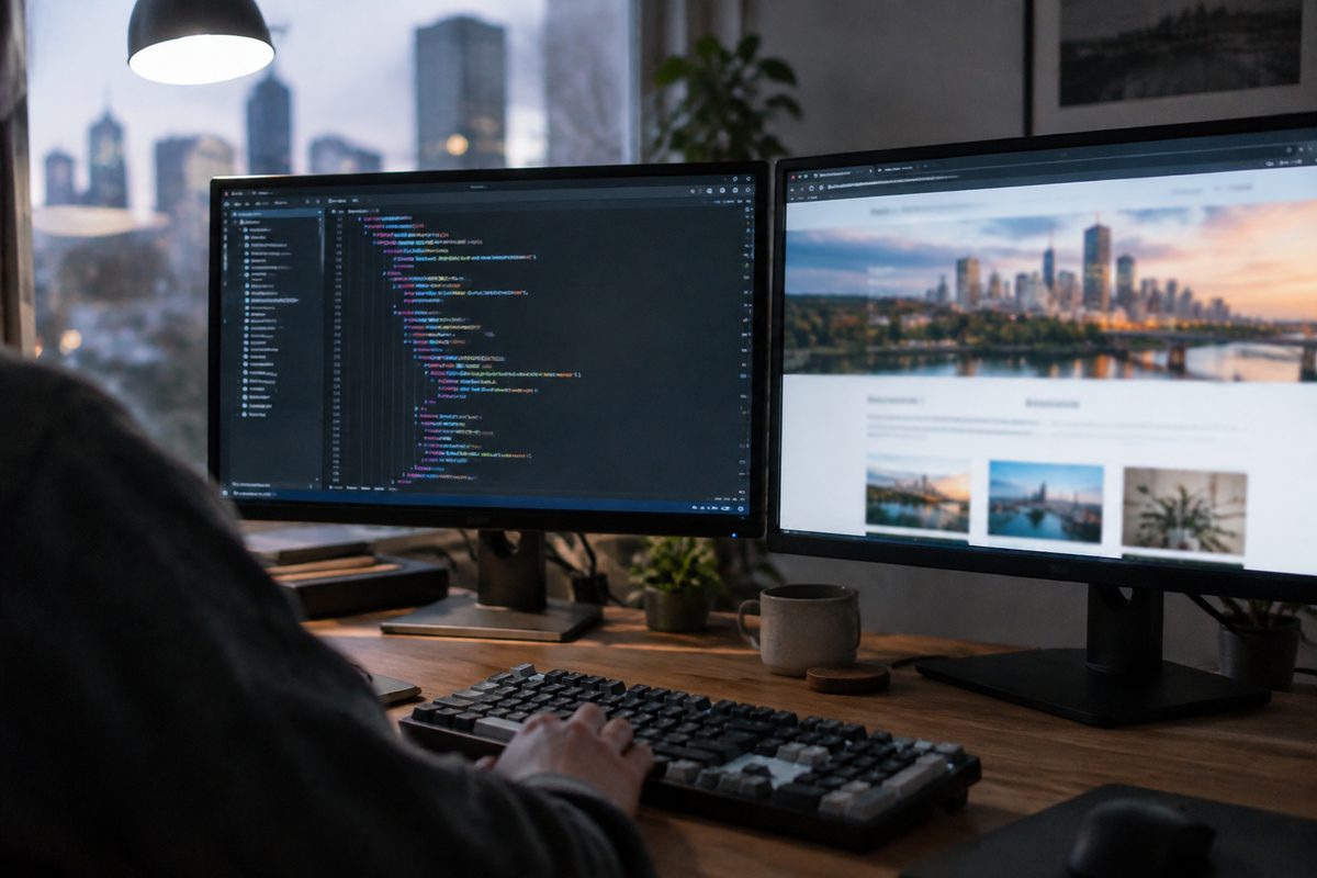 A code editor beside the rebuilt website on two monitors during a site rebuild