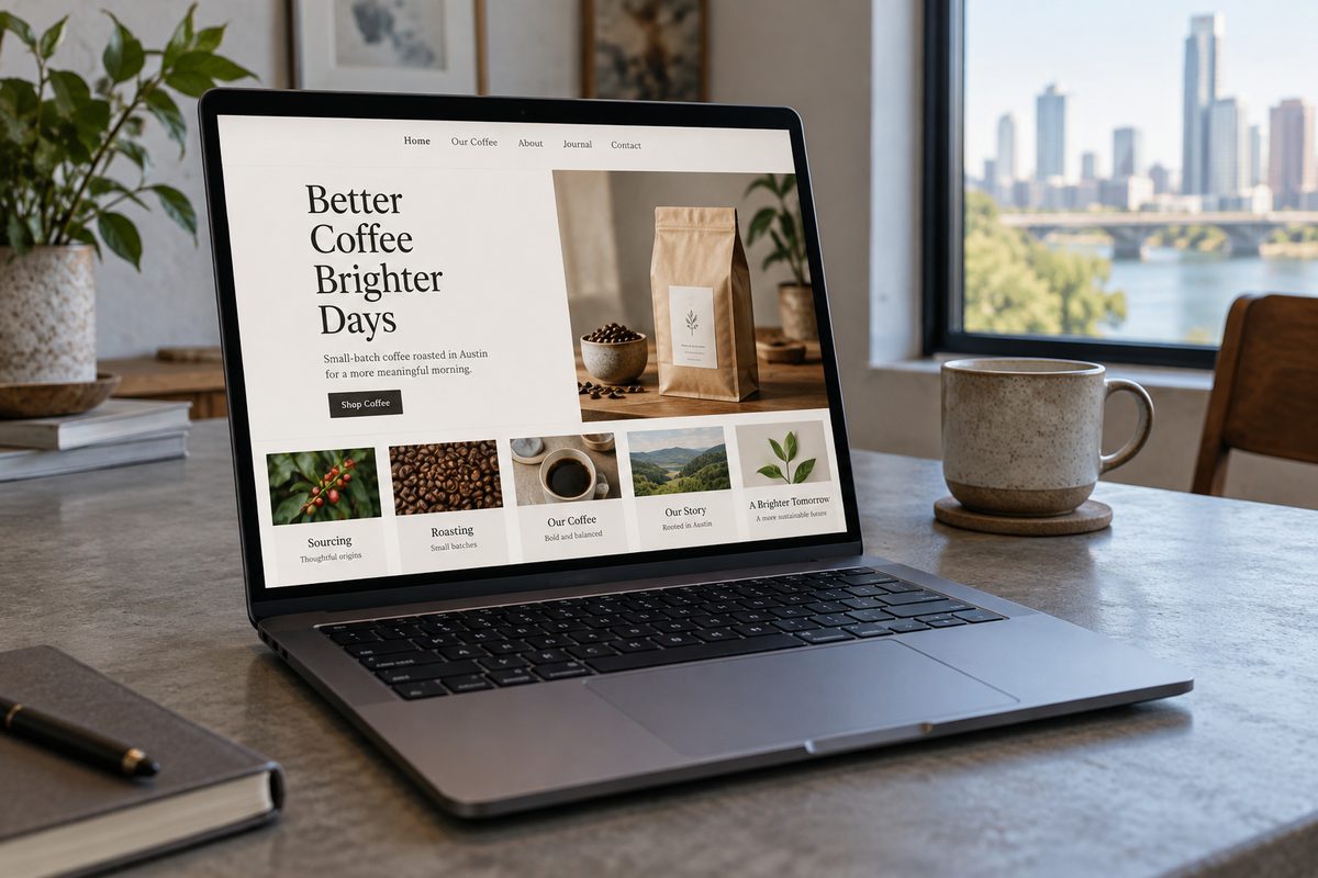 A five-page starter website for a coffee roaster open on a laptop