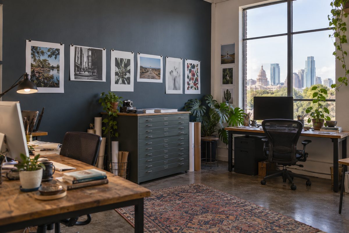 The Vorngix studio with desks, a flat file cabinet and printed proofs on the wall