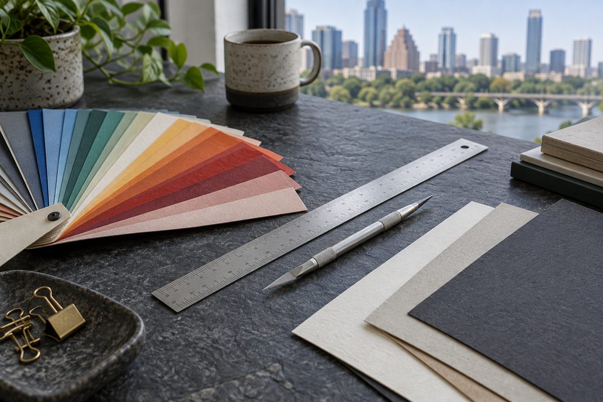 A colour swatch fan, a steel ruler and paper samples on a slate surface