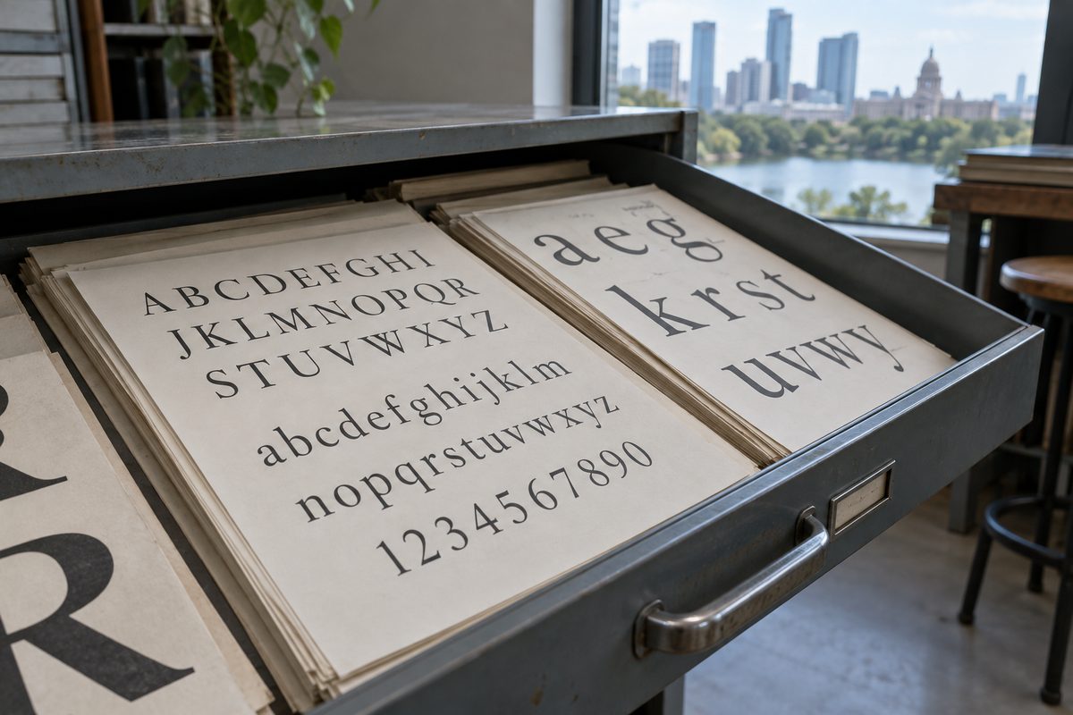An open flat file drawer of printed type specimen sheets